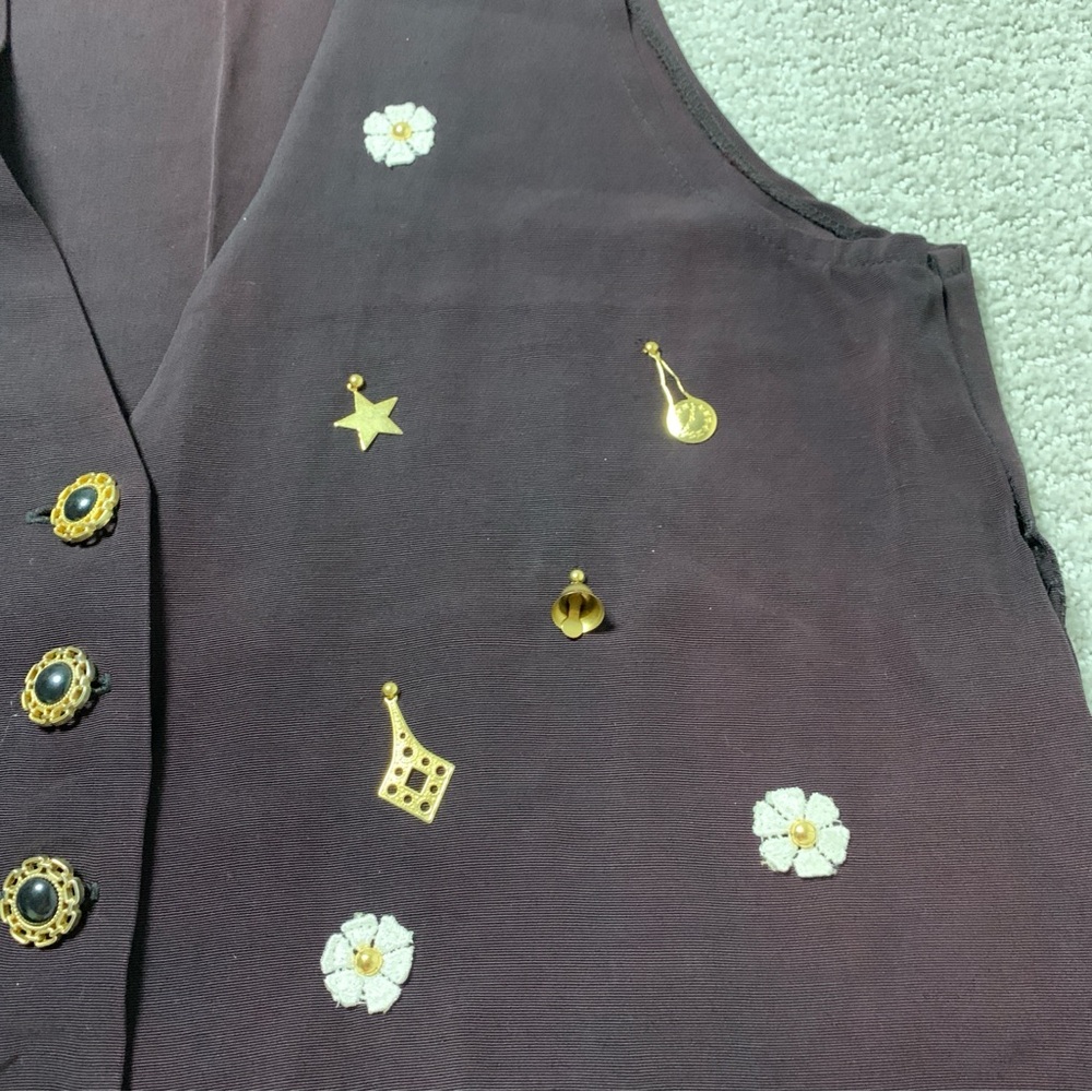 Vintage Brown Deep V Vest W/ Gold Charms Bells, Fits Large Women 4 Button - Picture 6 of 11
